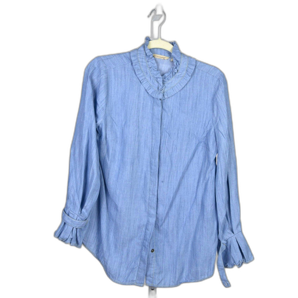 Soft Surroundings Chambray Ruffle Neck Button Down Blouse Size S